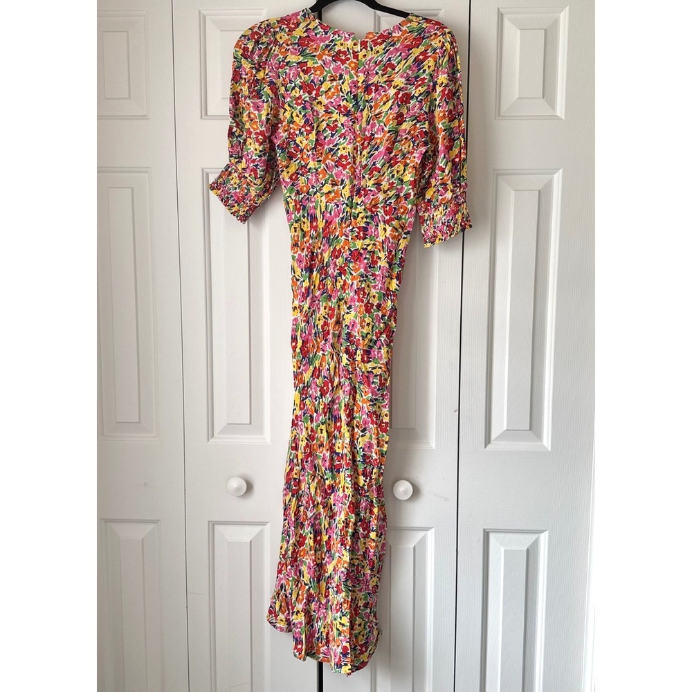 RIXO Floral Print V-Neck Midi Dress Multi Color Puff Sleeve Size 0 - Picture 2 of 8
